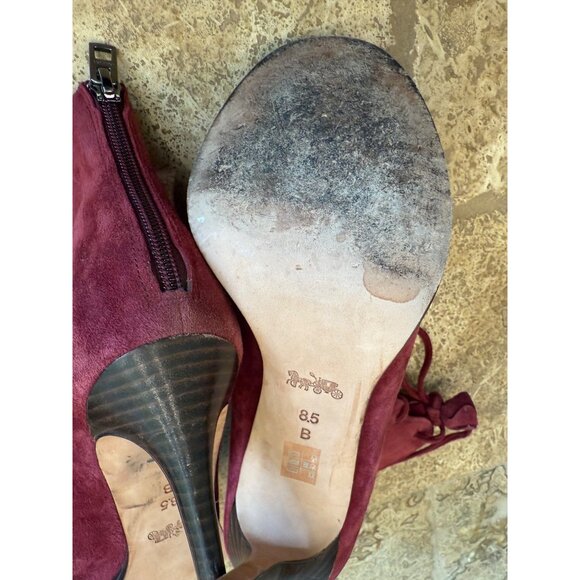 Coach Burgundy Suede Peep-Toe Lace-Up Stiletto Booties Size 9 - Picture 7 of 10